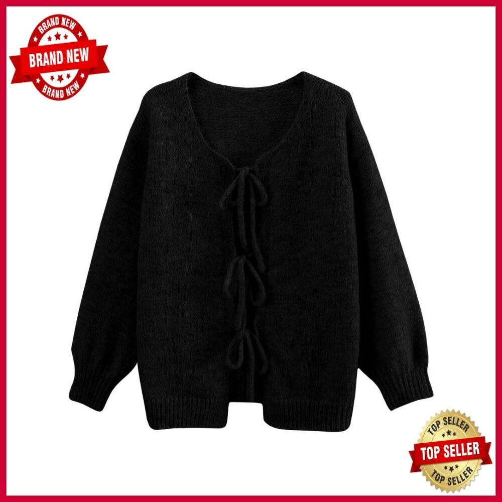 Oversized V-Neck Cardigan with Bow Tie Front Lantern Sleeves